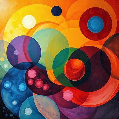 The primary subject of the image is a colorful painting featuring a variety of circles and other shapes. The setting is a canvas, and the visual style is a combination of digital art and illustration. The dominant colors in the painting are orange, blue, and green, creating a vibrant and lively atmosphere.